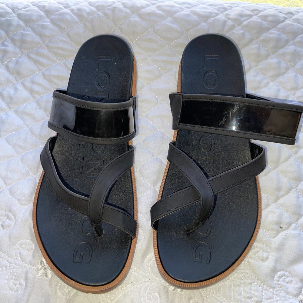 London Fog Stelanie Sandals Womenโs 11 Black Sheer Mesh Cork Thong Slides